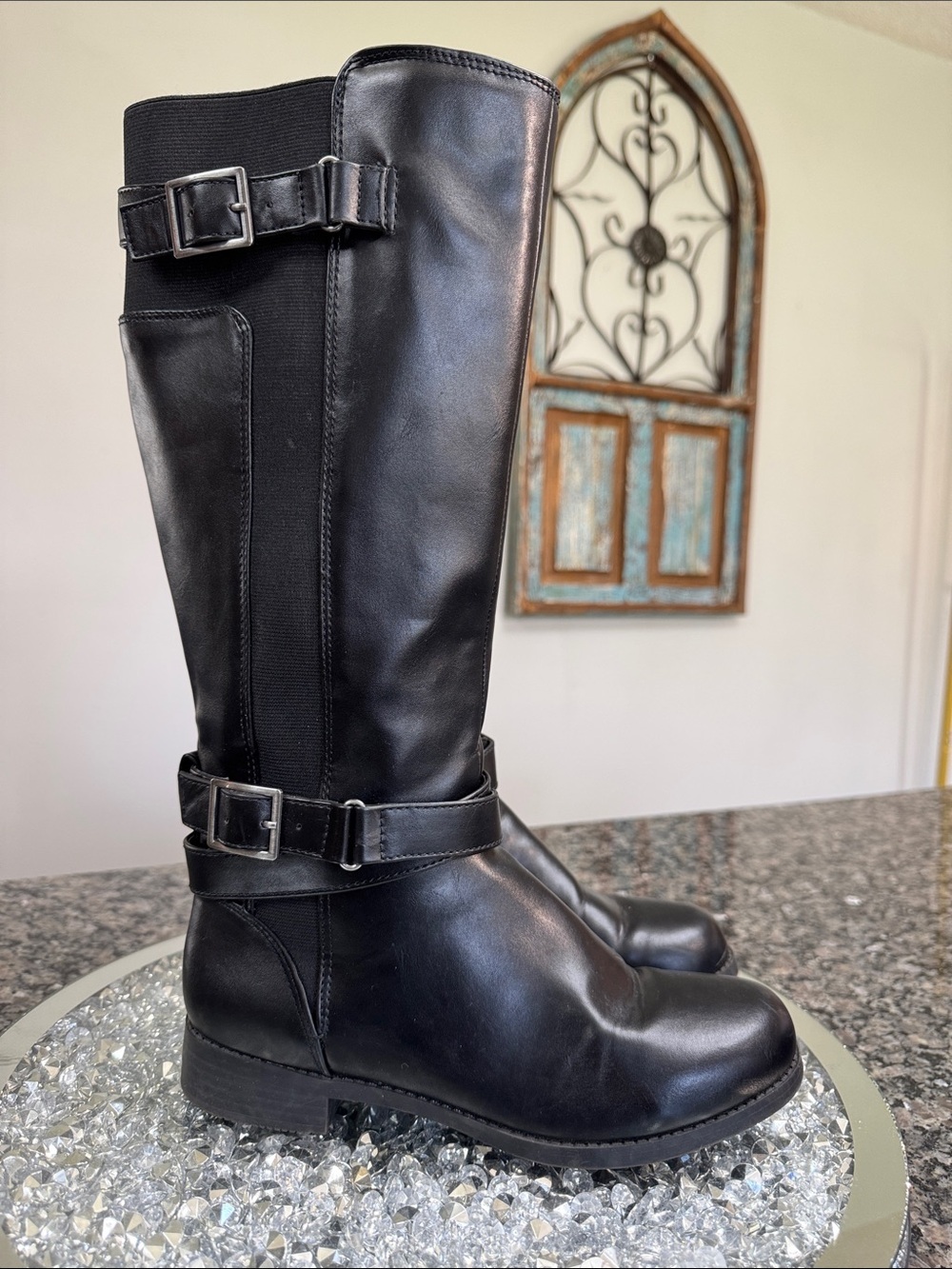 JustFab Black Knee-High Buckle Riding Boots 7